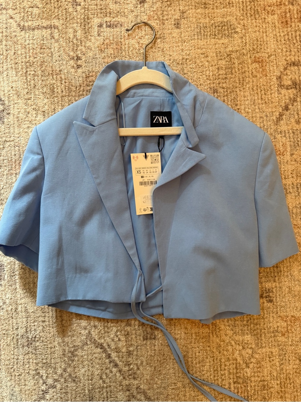 Zara Light Blue Cropped Tie-Front Blazer
